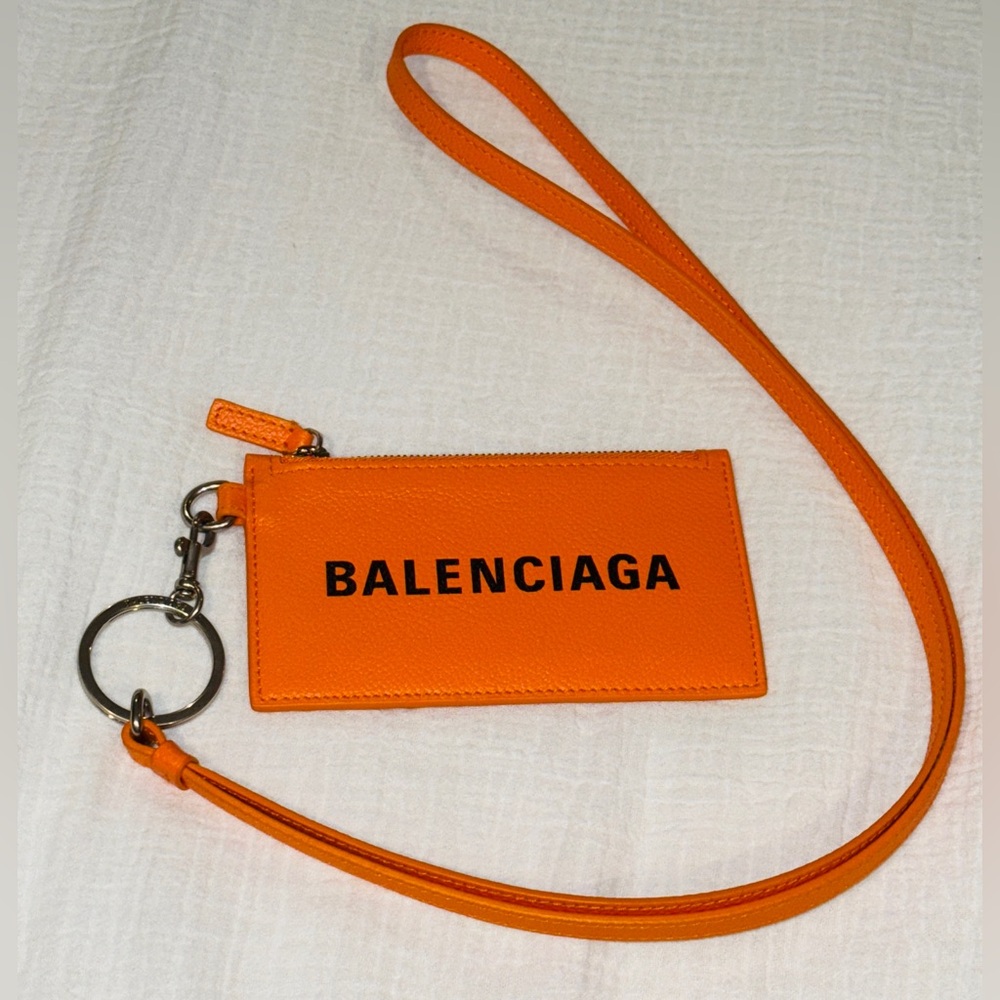 New $395 Balenciaga Calfskin Logo Cash Coin Holder Keychain in Orange! GIFT